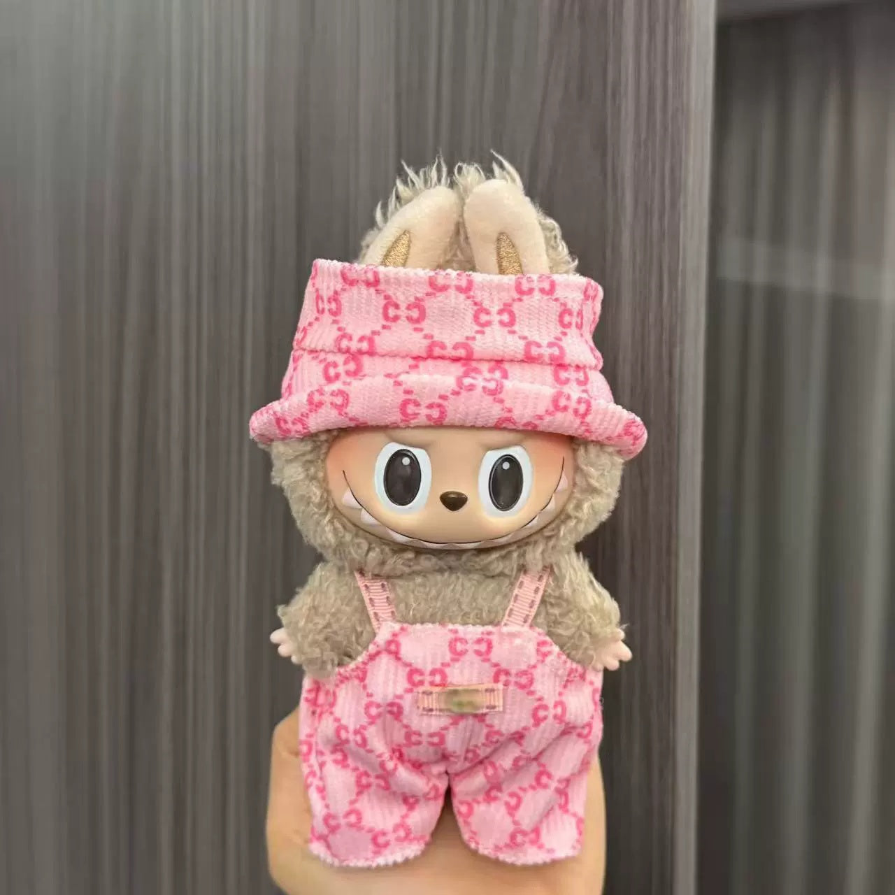 Pink Monogram Overalls & Bucket Hat for Labubu image 0