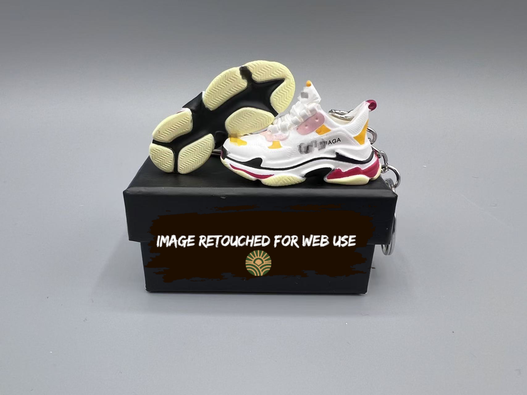 1:6 Scale Mini Sneaker – Doll Wear or Keychain - "Designer Triple S Dad Sneaker White Pink Yellow"