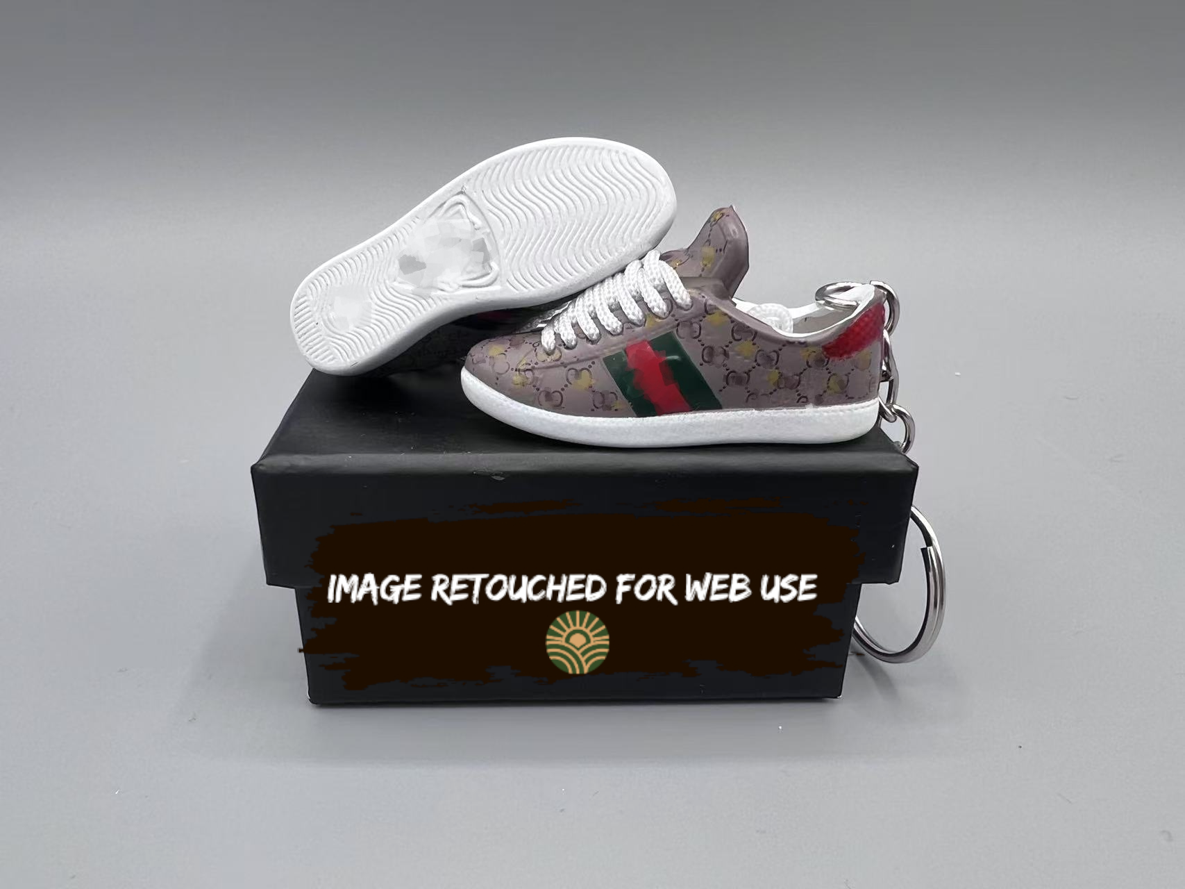 1:6 Scale Mini Sneaker – Doll Wear or Keychain - "Luxury All-Over Monogram Red and Green Stripe"