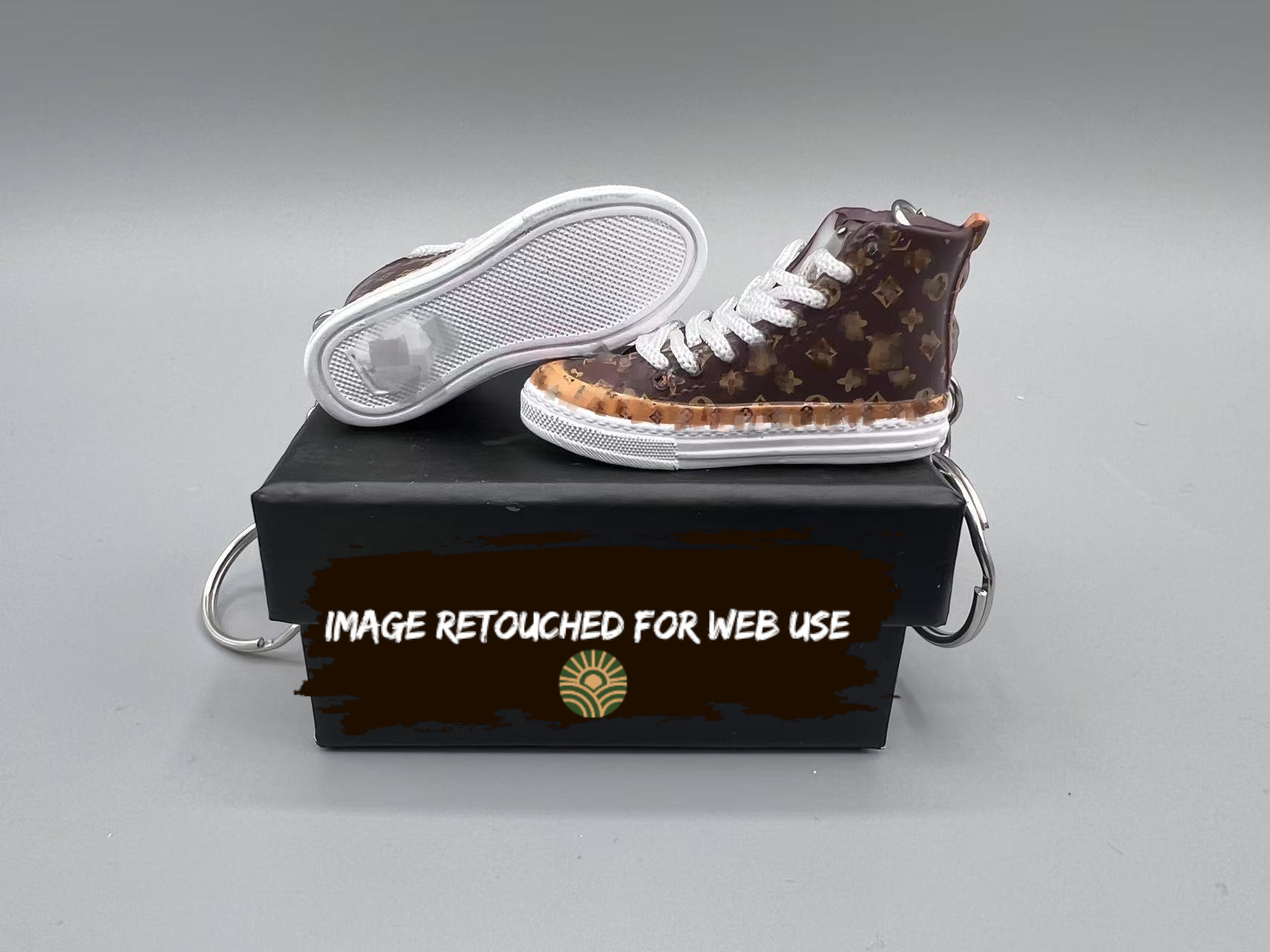 1:6 Scale Mini Sneaker – Doll Wear or Keychain - "Luxury All-Over Classic Brown Monogram Pattern High-Top"