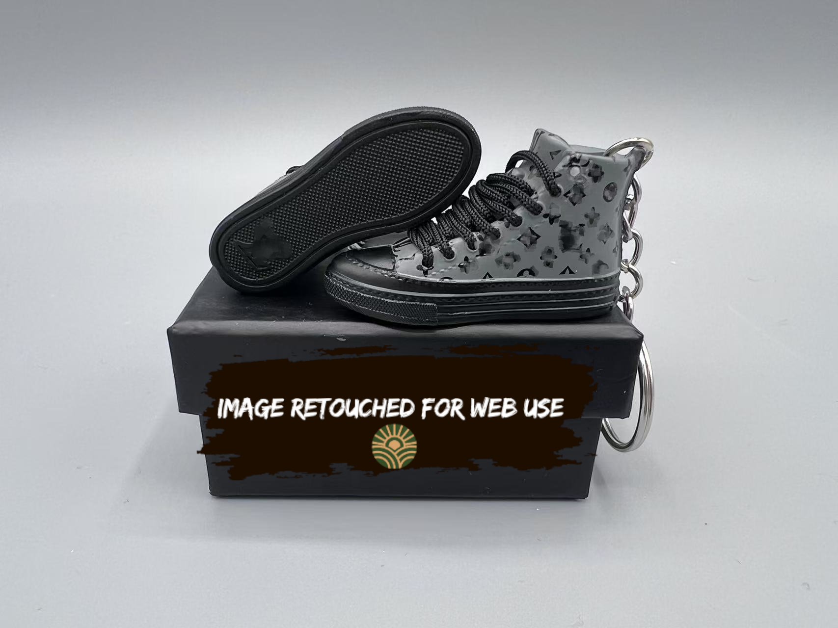1:6 Scale Mini Sneaker – Doll Wear or Keychain - "Luxury Charcoal Grey Monogram Pattern High-Top"