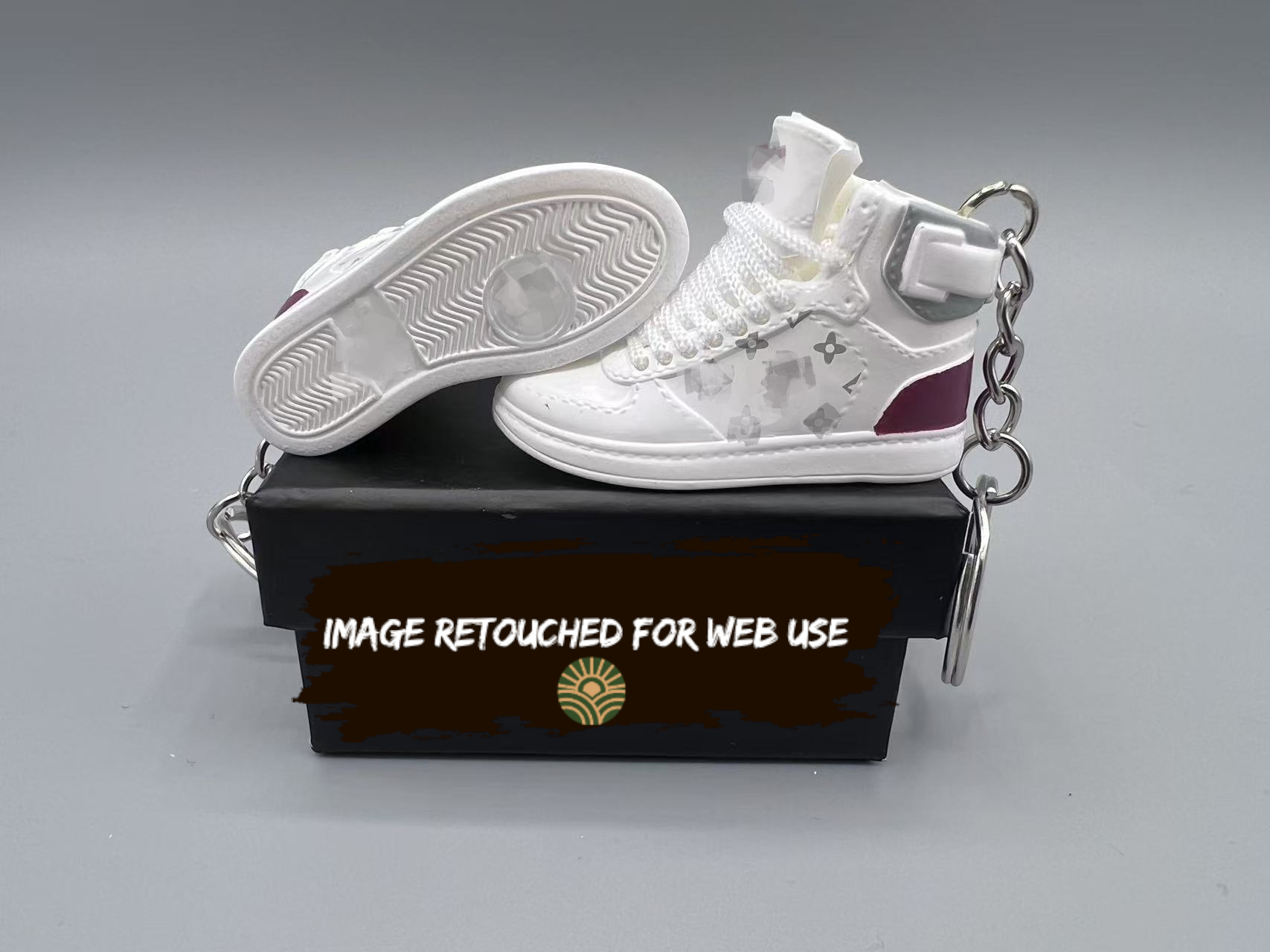 1:6 Scale Mini Sneaker – Doll Wear or Keychain - "Luxury Designer Style White High-Top with Monogram Patterns"