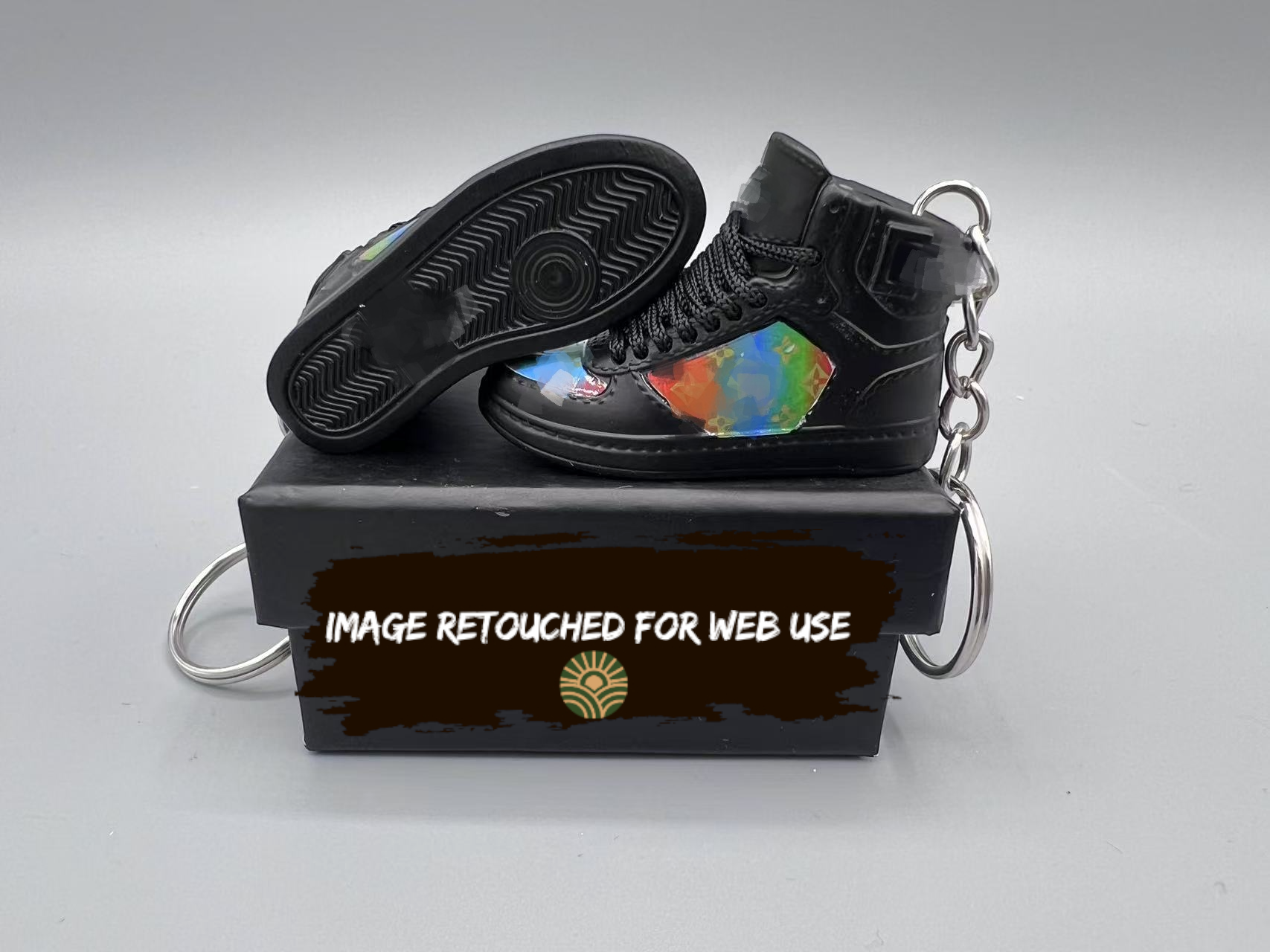 1:6 Scale Mini Sneaker – Doll Wear or Keychain - "Luxury Designer Style Black High-Top with Iridescent Rainbow Monogram"