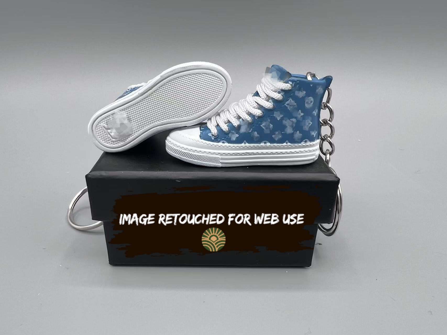 1:6 Scale Mini Sneaker – Doll Wear or Keychain - "Luxury Light Blue Monogram Pattern High-Top"