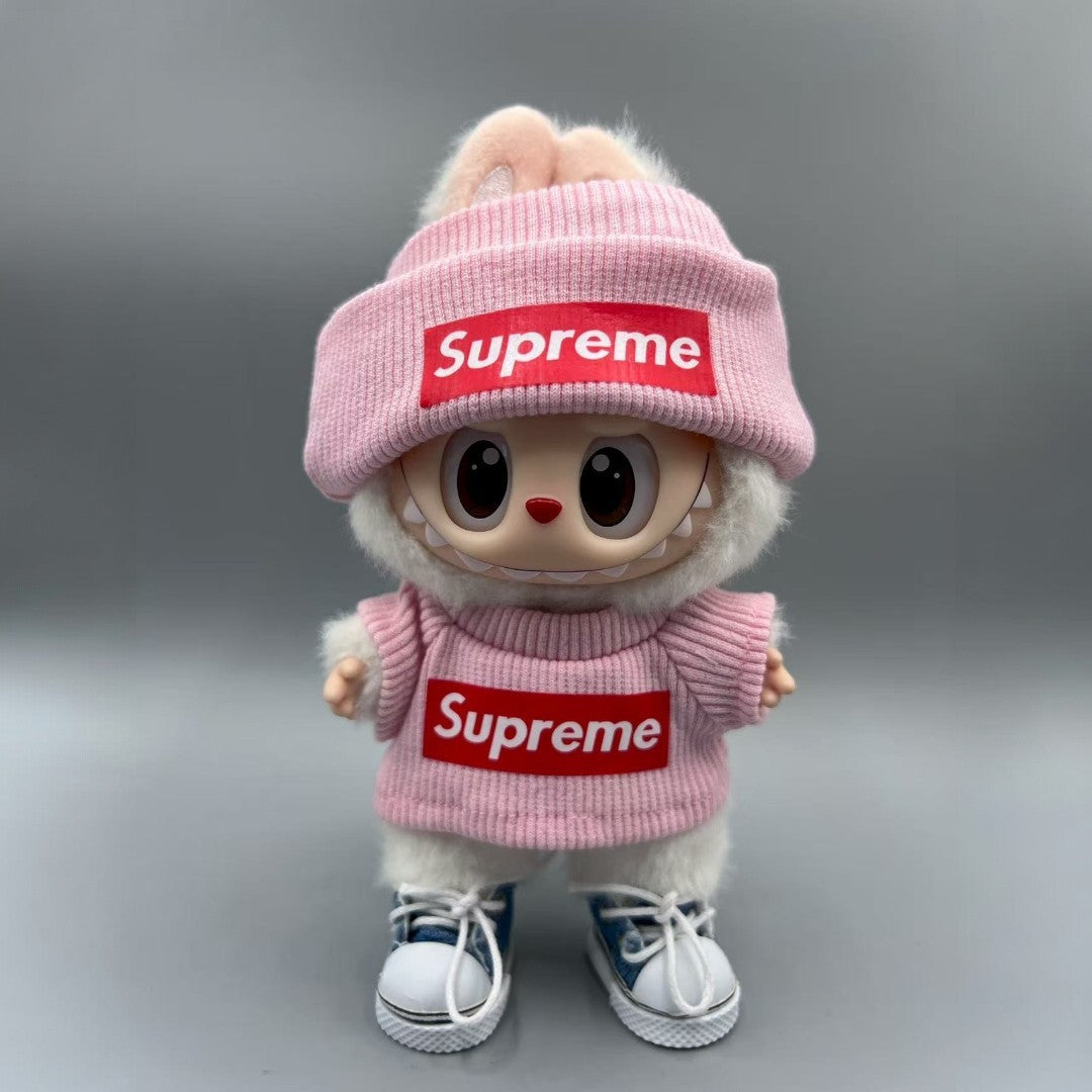 Pink Supreme Beanie Popmart Labubu Clothes (No Shoes)