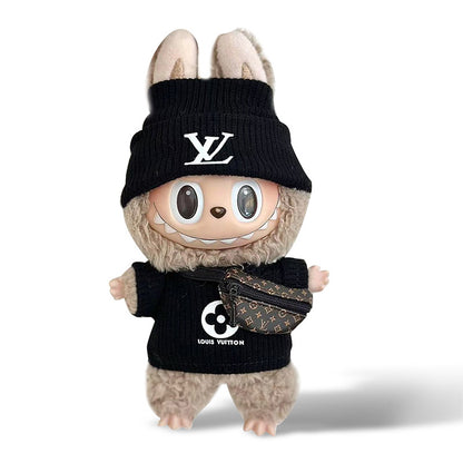 Popmart Labubu Black Beanie + Brown Crossbody Bag