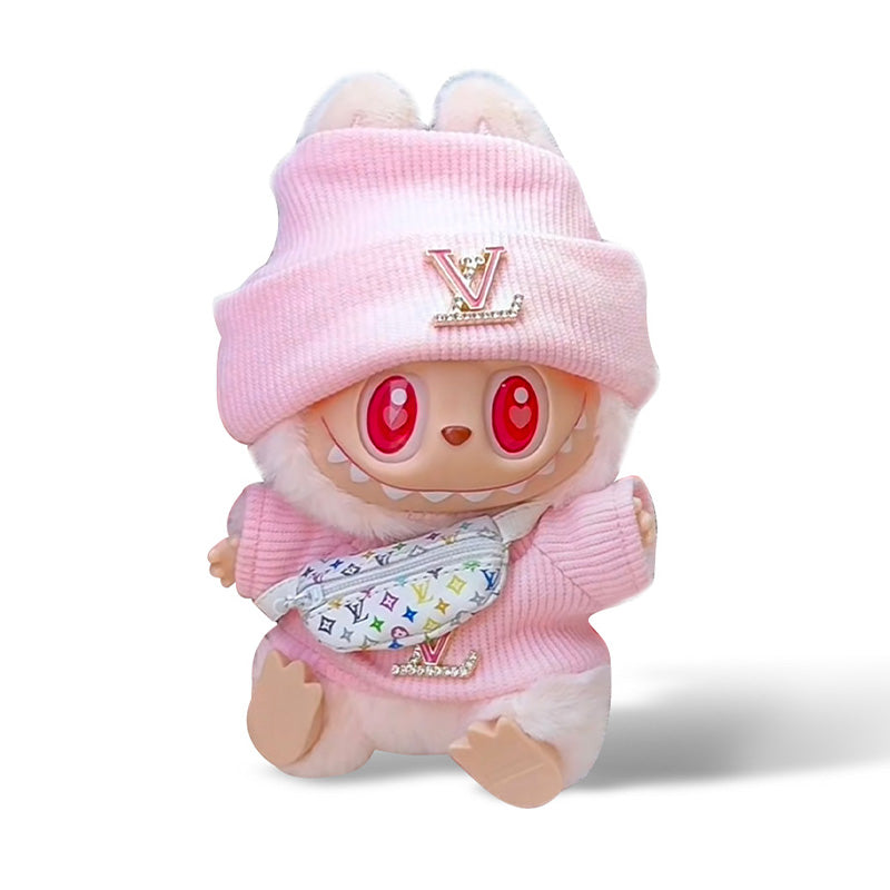 Popmart Labubu Clothes + Crossbody Bag Set Pink Beanie