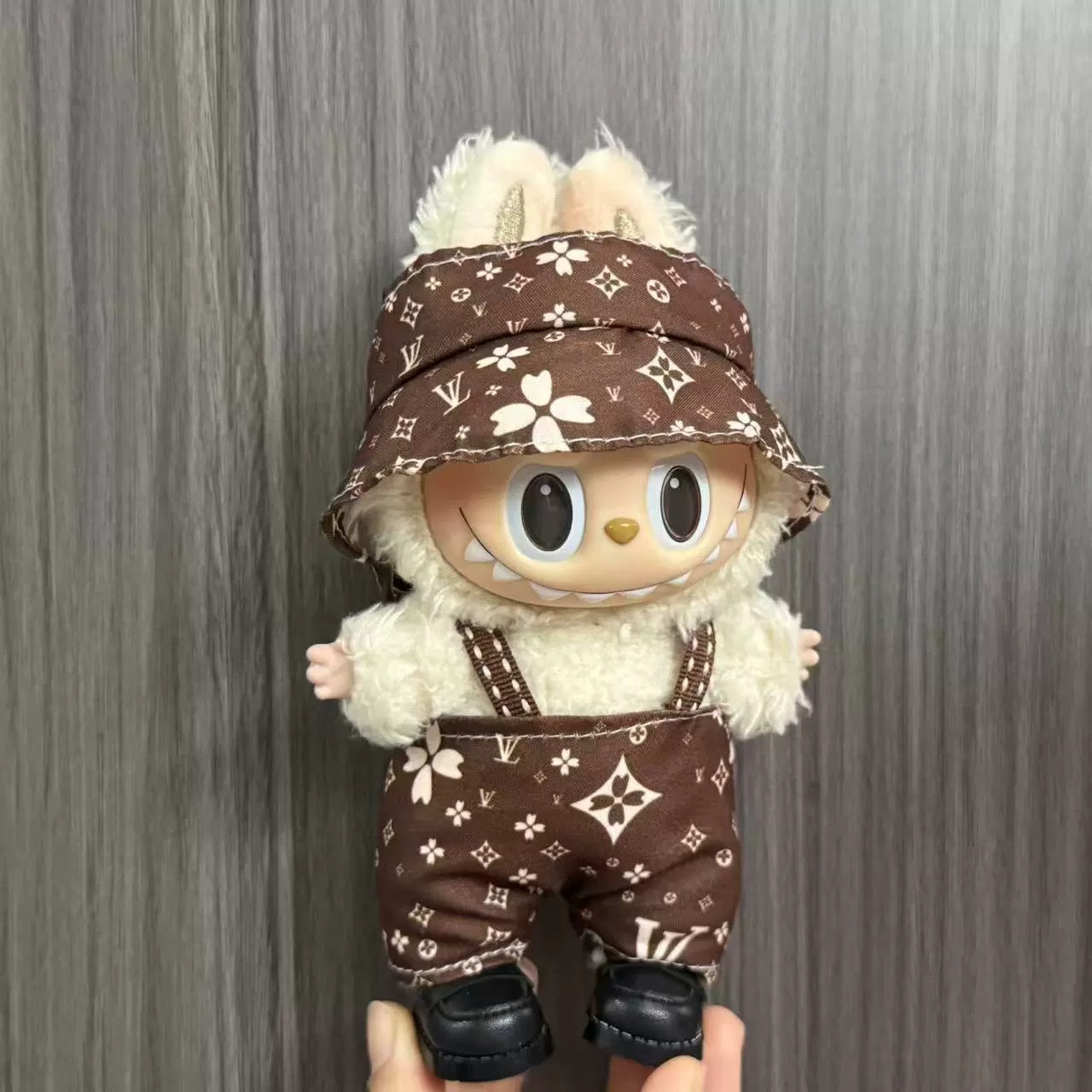 Brown Monogram Overalls & Hat Set for Labubu Doll image 0
