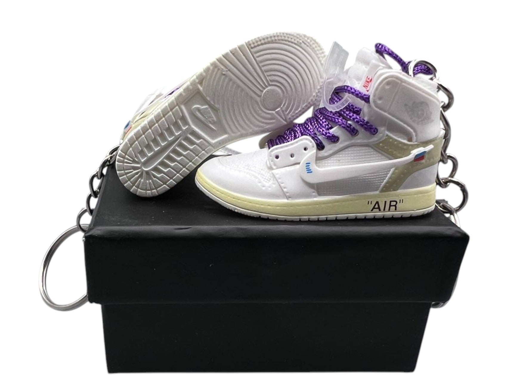 "Off-White Euro" AJ1 Mini Sneakers-1/6 Scaled Shoes/ Keychains. (Purple Lace)